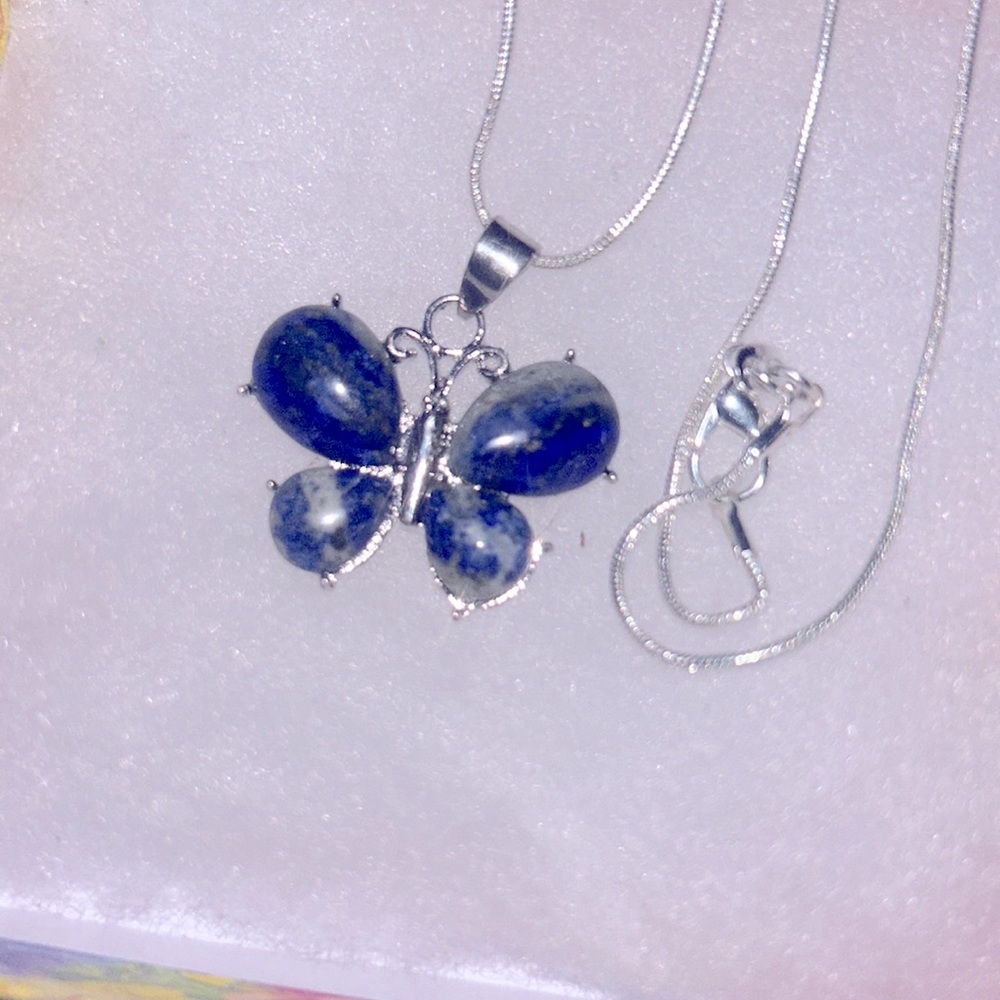 Boho hippie Lapis Lazuli Butterfly Sterling Silver 16” Necklace